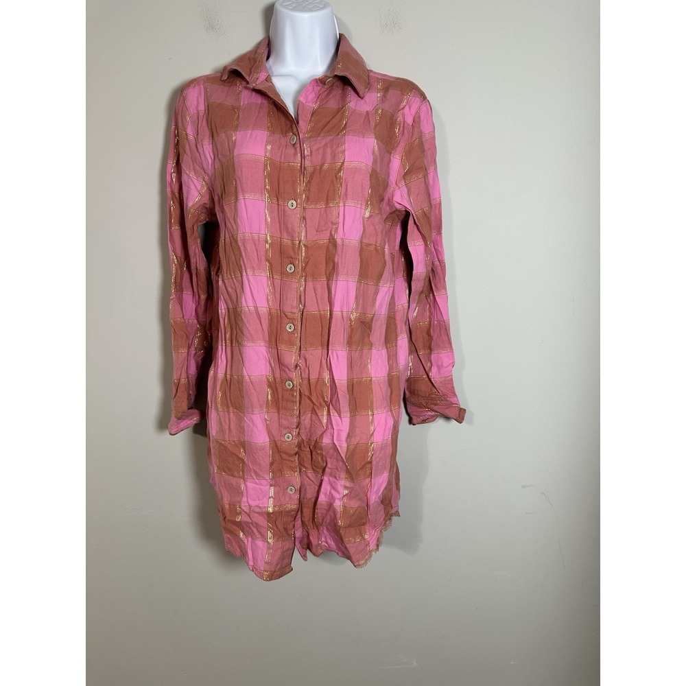 Victoria's Secret Plaid Sleep Shirt Nightgown XS Pink‎ Brown Gold Metallic EUC